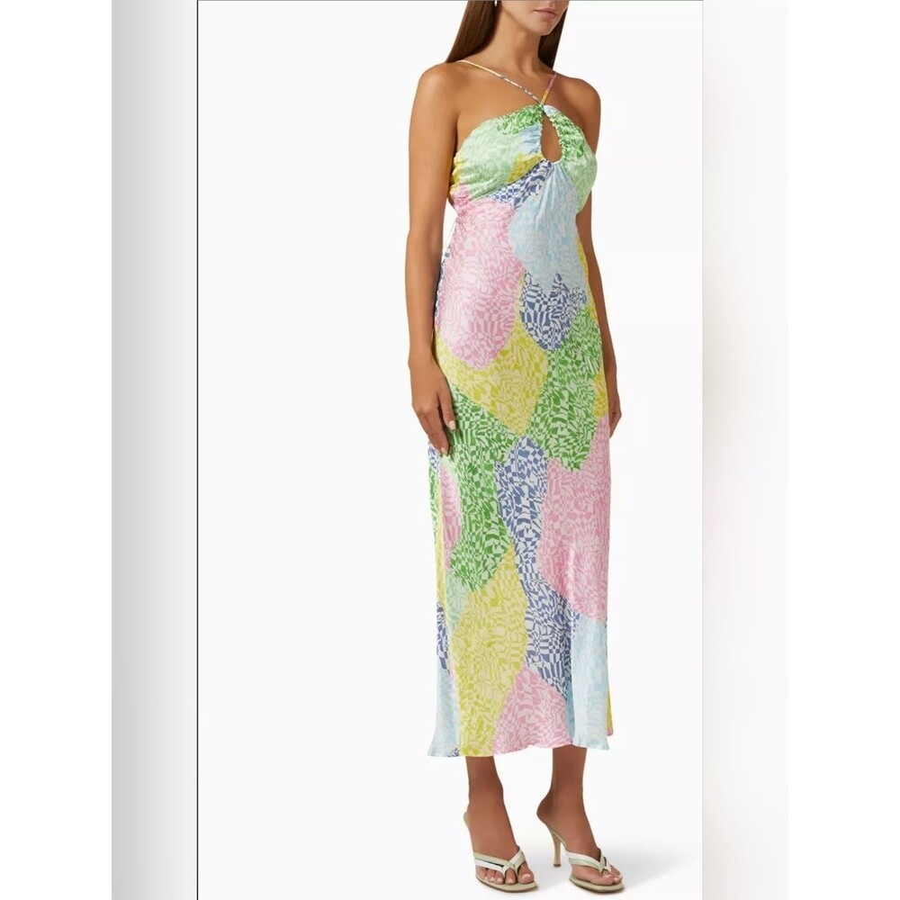SUBOO Splice Slip Resort Multi-Color Printed Halter Midi Dress Size M